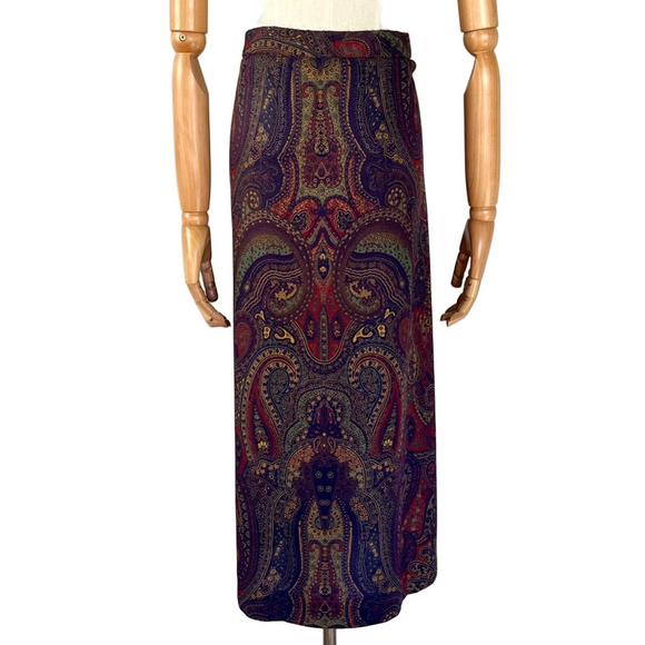 Vintage Paisley Midi Skirt Equestrian Fall Red Navy Green Gold Size 12 - Picture 7 of 16